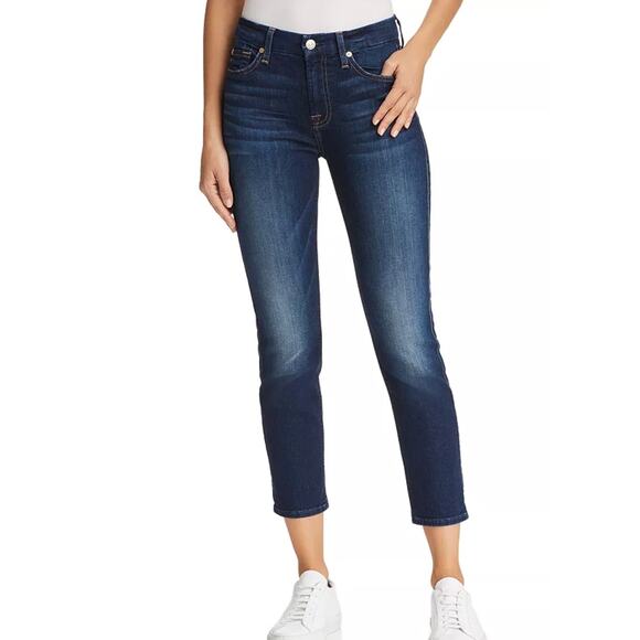 7 For All Mankind Women's 30 blue denim kimmie Crop jeans wisker faded pant - Picture 1 of 9